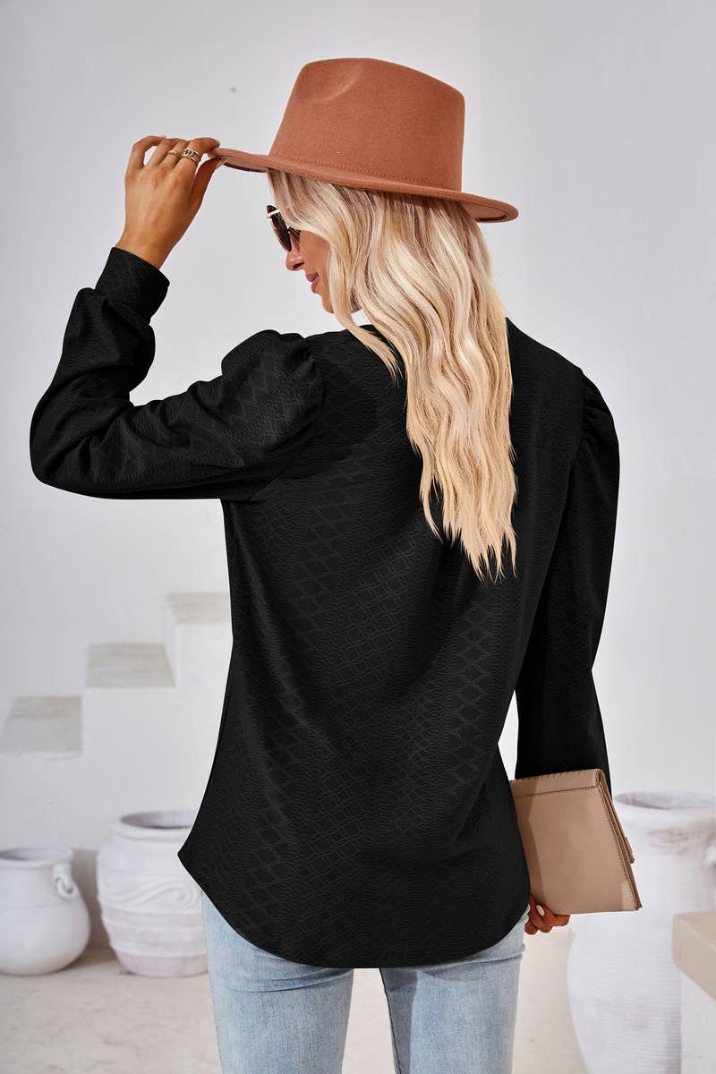 CWTBLL2374_SOLID COLOR V-NECK JACQUARD LONG-SLEEVED TOP