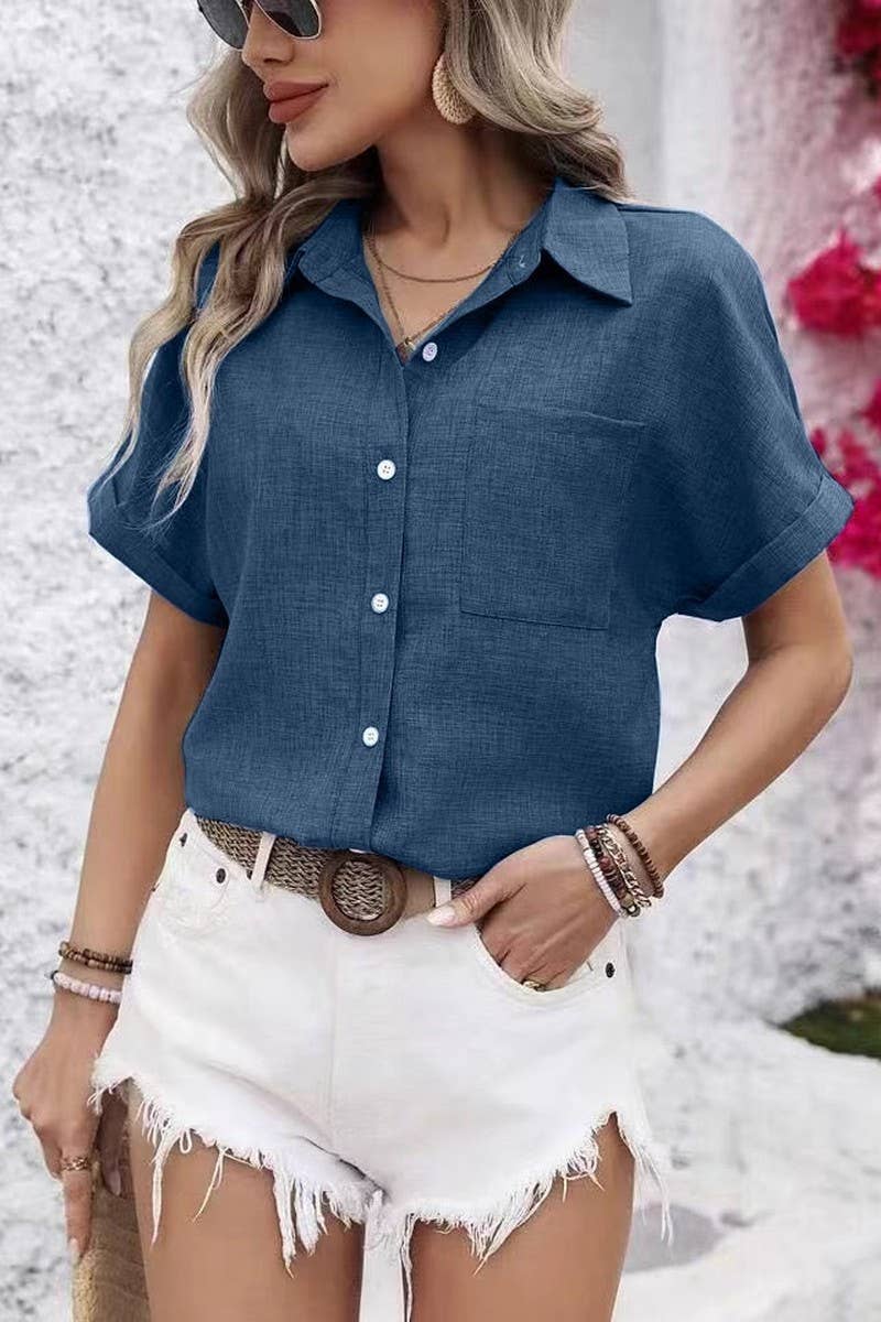 CWTBLS2042_SUMMER LOOSE SHORT SLEEVE POCKET CASUAL SHIRT