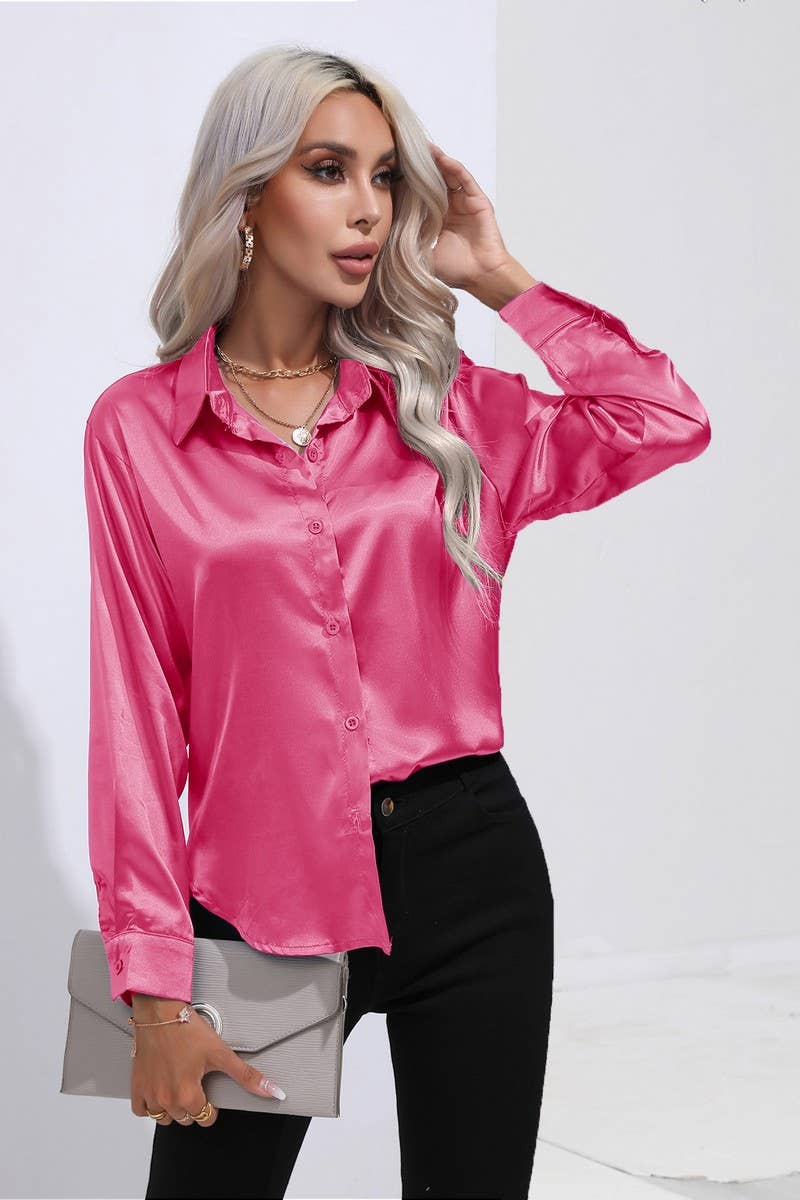 CWTBLL0690_Button Down Silky Satin Long Sleeve Top