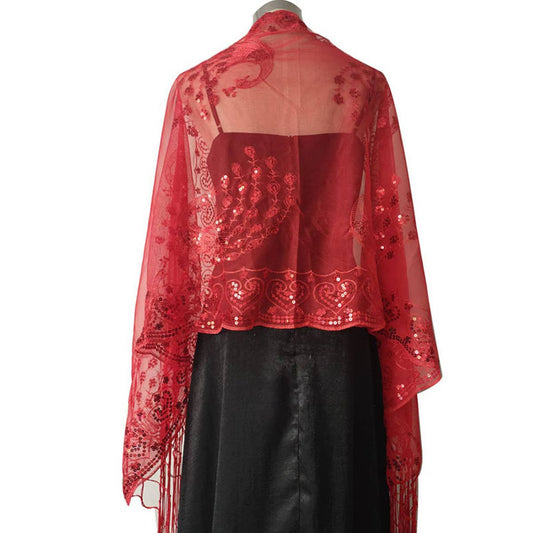 PEACOCK EMBROIDERED SEQUINED TASSEL CAPE_CWASC1077