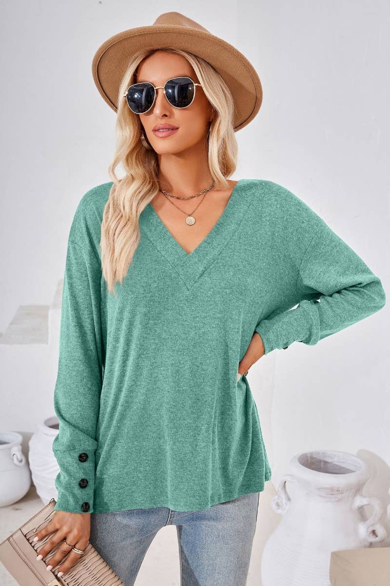 CWTBLL2683_AUTUMN LOOSE SIMPLE V-NECK LONG SLEEVE TOP