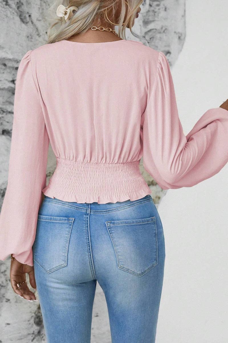 CWTBLL2548_AUTUMN V-NECK WAIST LONG SLEEVE WAIST TOP