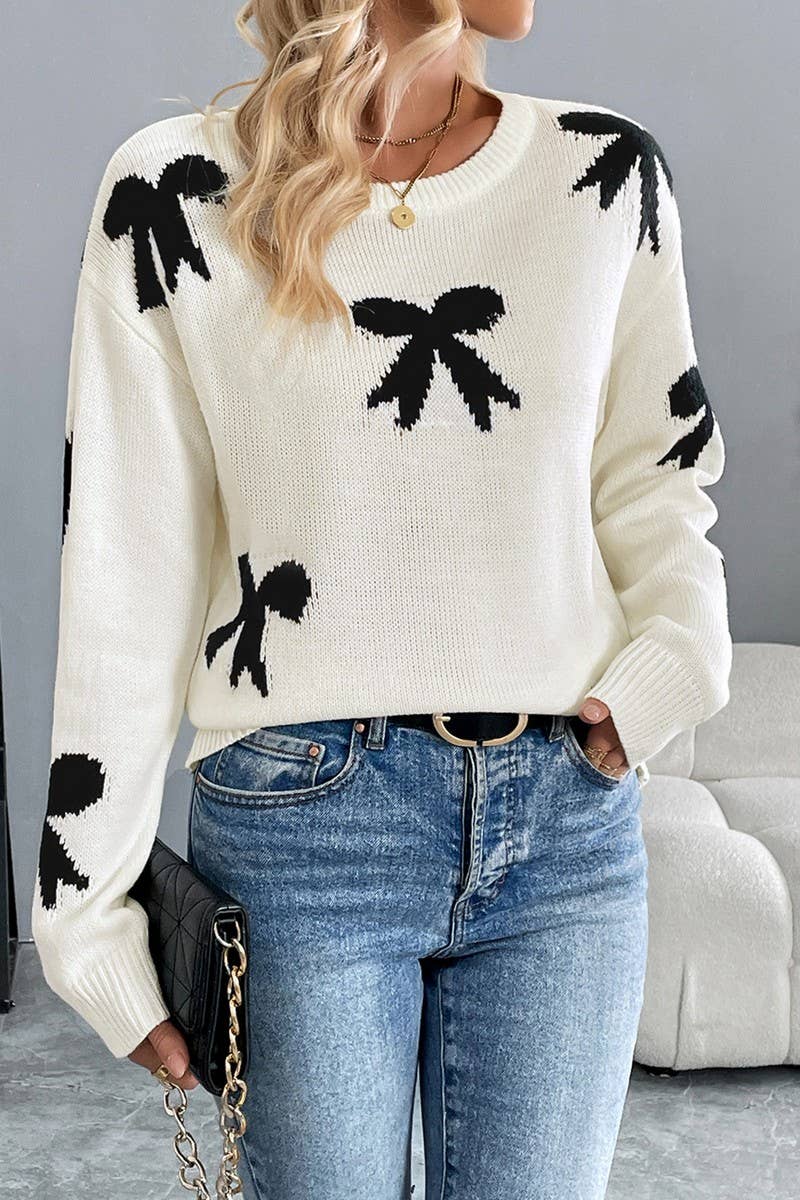 CWOSWL5876_CREW NECK BOW JACQUARD KNIT SWEATER