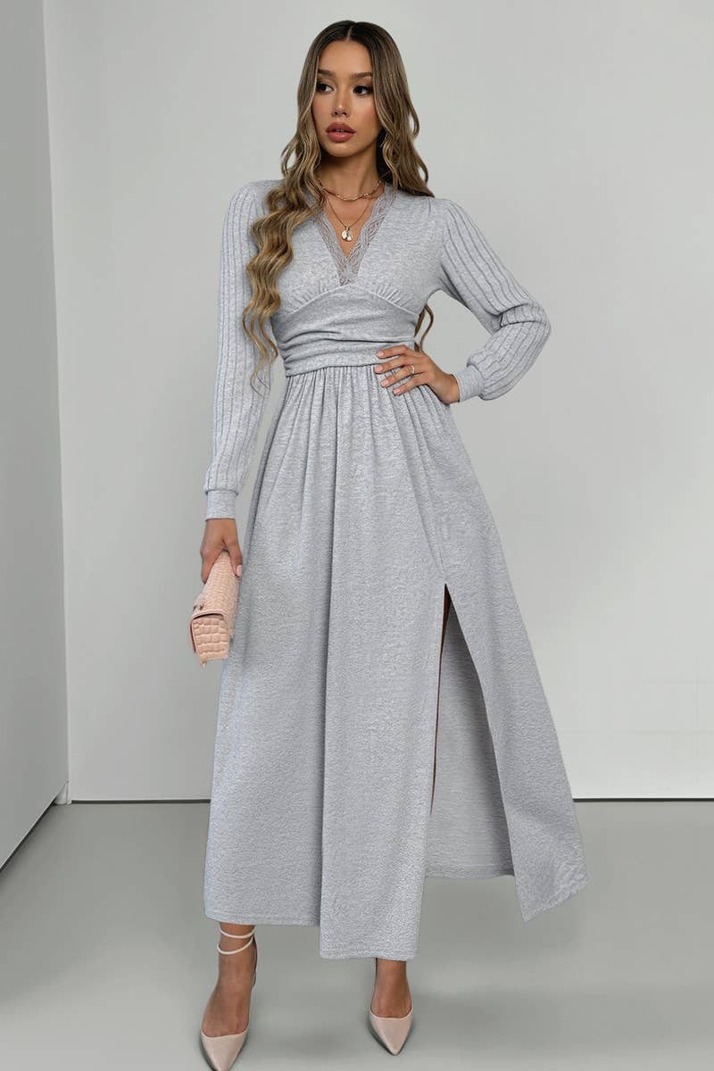CWDMD01046_V-NECK SOLID COLOR BRUSHED SLIT LONG SKIRT
