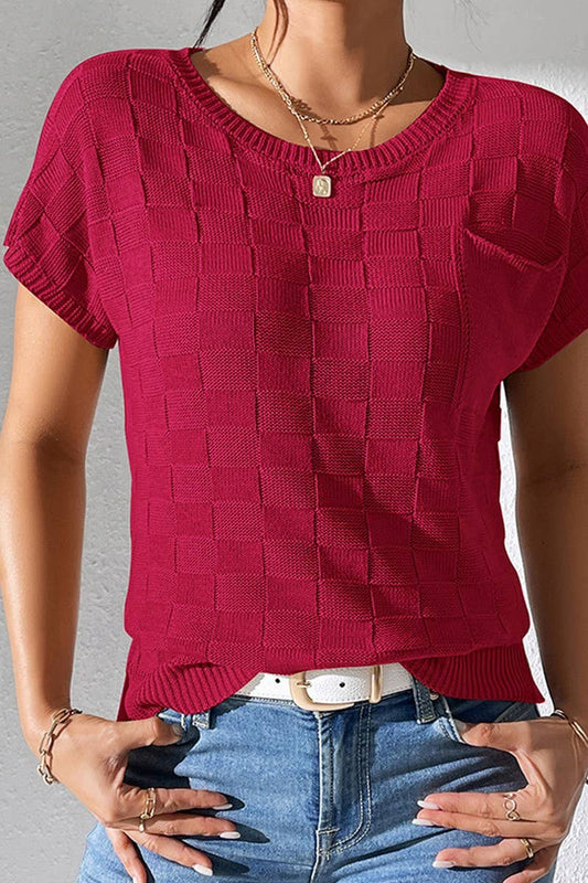 CWOSWS0086_SOLID COLOR LOOSE KNIT SHORT-SLEEVED TOP