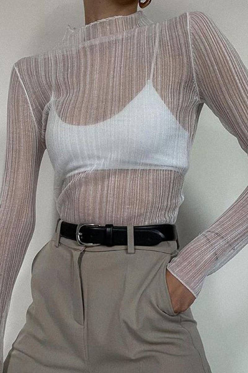 CWTBLL3435_SOLID COLOR LONG SLEEVE MESH SEE-THROUGH TOP