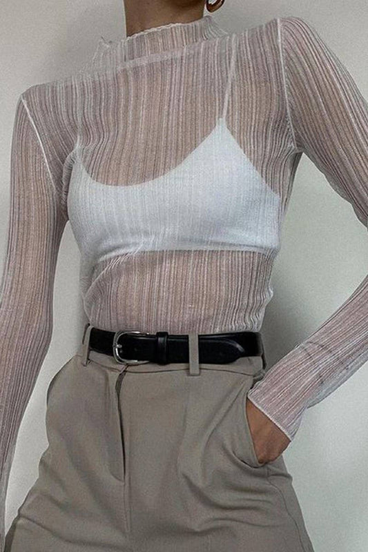 CWTBLL3435_SOLID COLOR LONG SLEEVE MESH SEE-THROUGH TOP