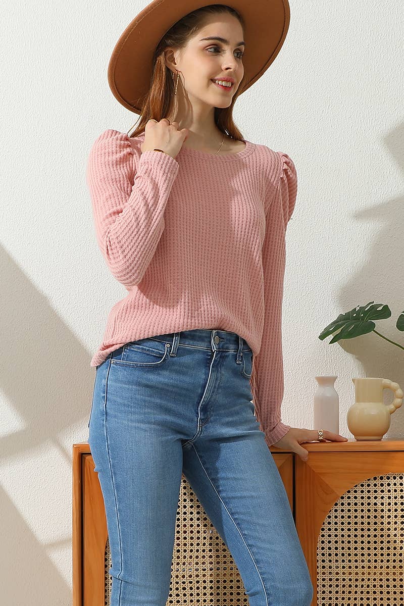 CWTTL913-P_PLUS SIZE PUFF SHIRRING SLEEVE WAFFLE KNIT TOP