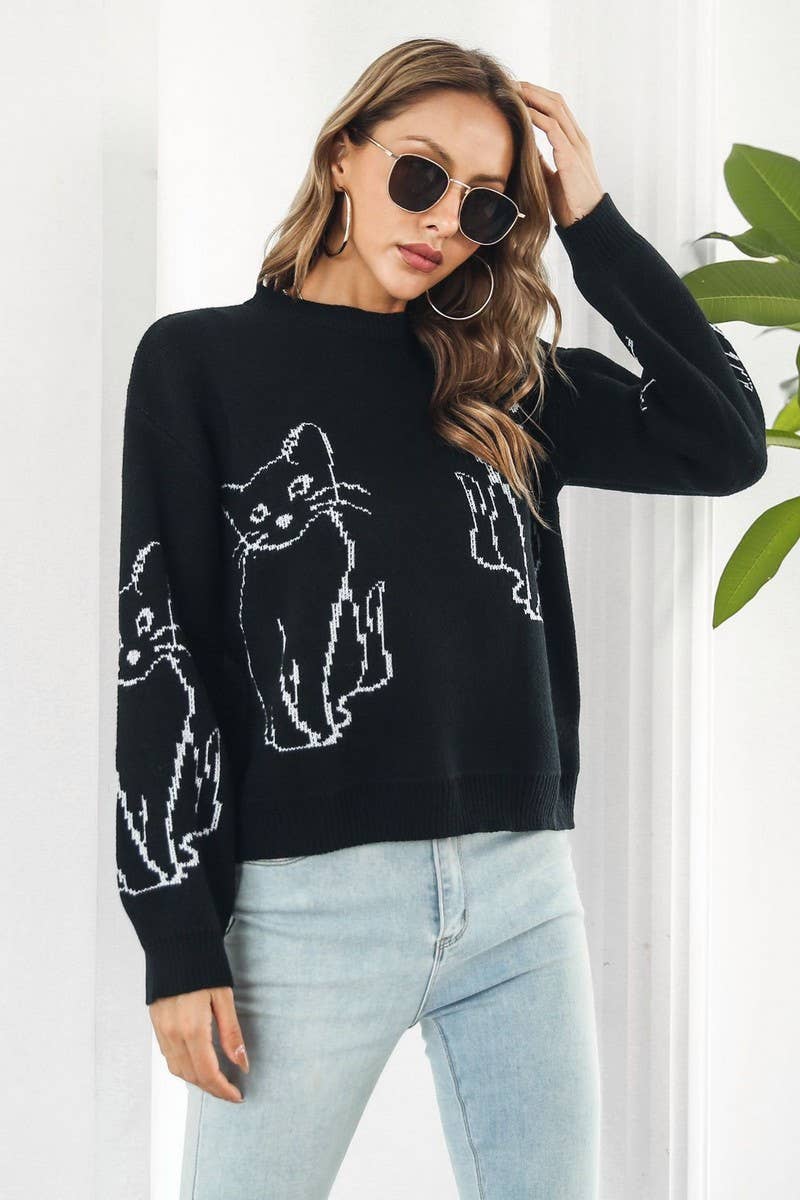 CWOSWL3840_CAT JACQUARD LONG-SLEEVED PULLOVER SWEATER