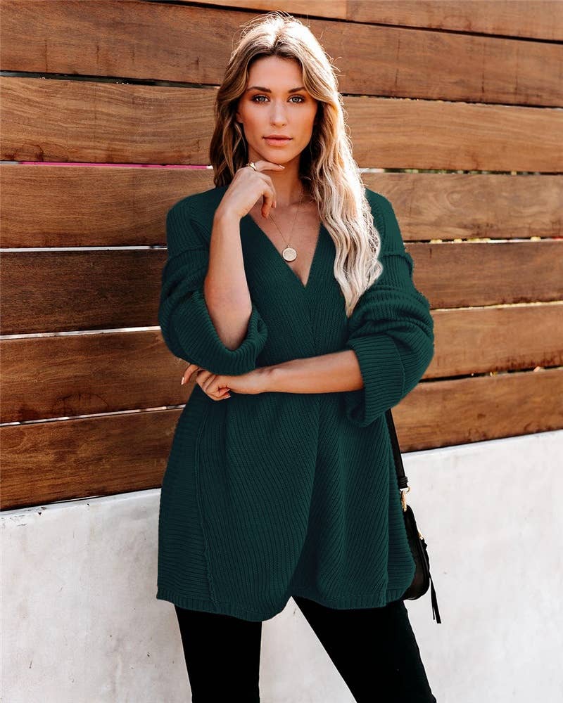 CWOSWL1406_V-Neck Long Sleeve Pullover Sweater