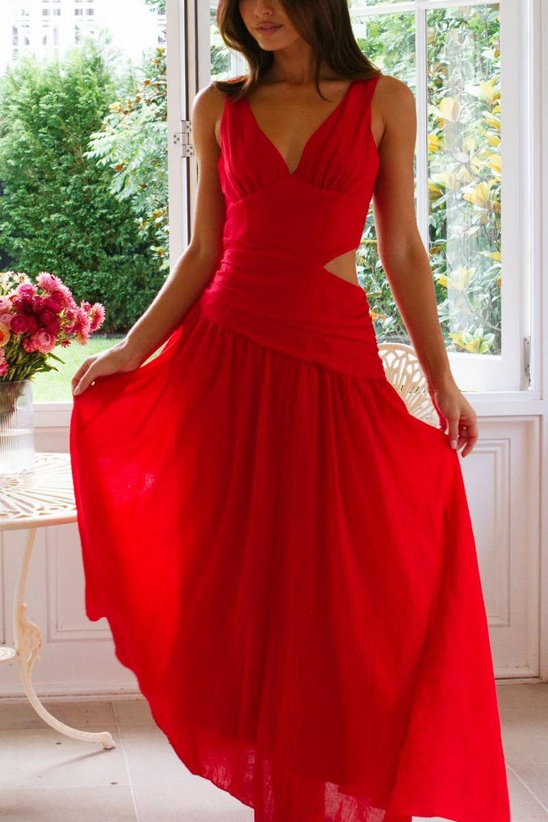 CWDMD5647_V-NECK SLEEVELESS COLORBLOCK MAXI FLARE DRESS