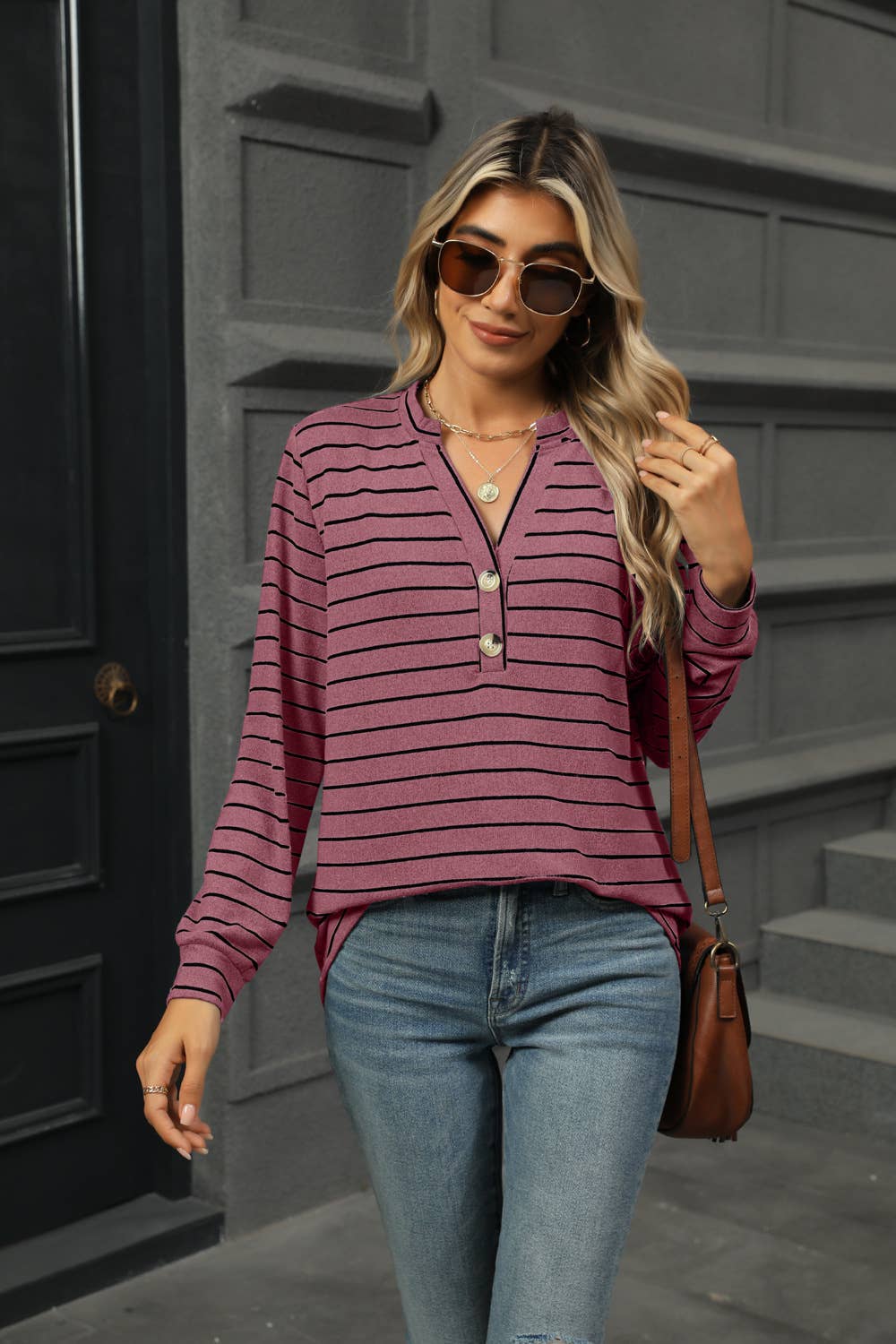 CASUAL STRIPED WOOLEN BUTTON LOOSE T-SHIRT
