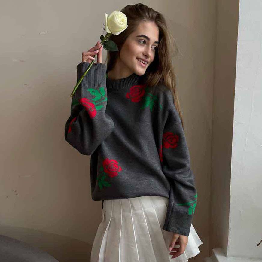 CREW-NECK ROSE JACQUARD LOOSE KNIT SWEATER