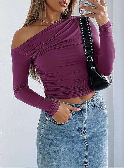 DIAGONAL SHOULDER ASYMMETRICAL SOLID COLOR TOP