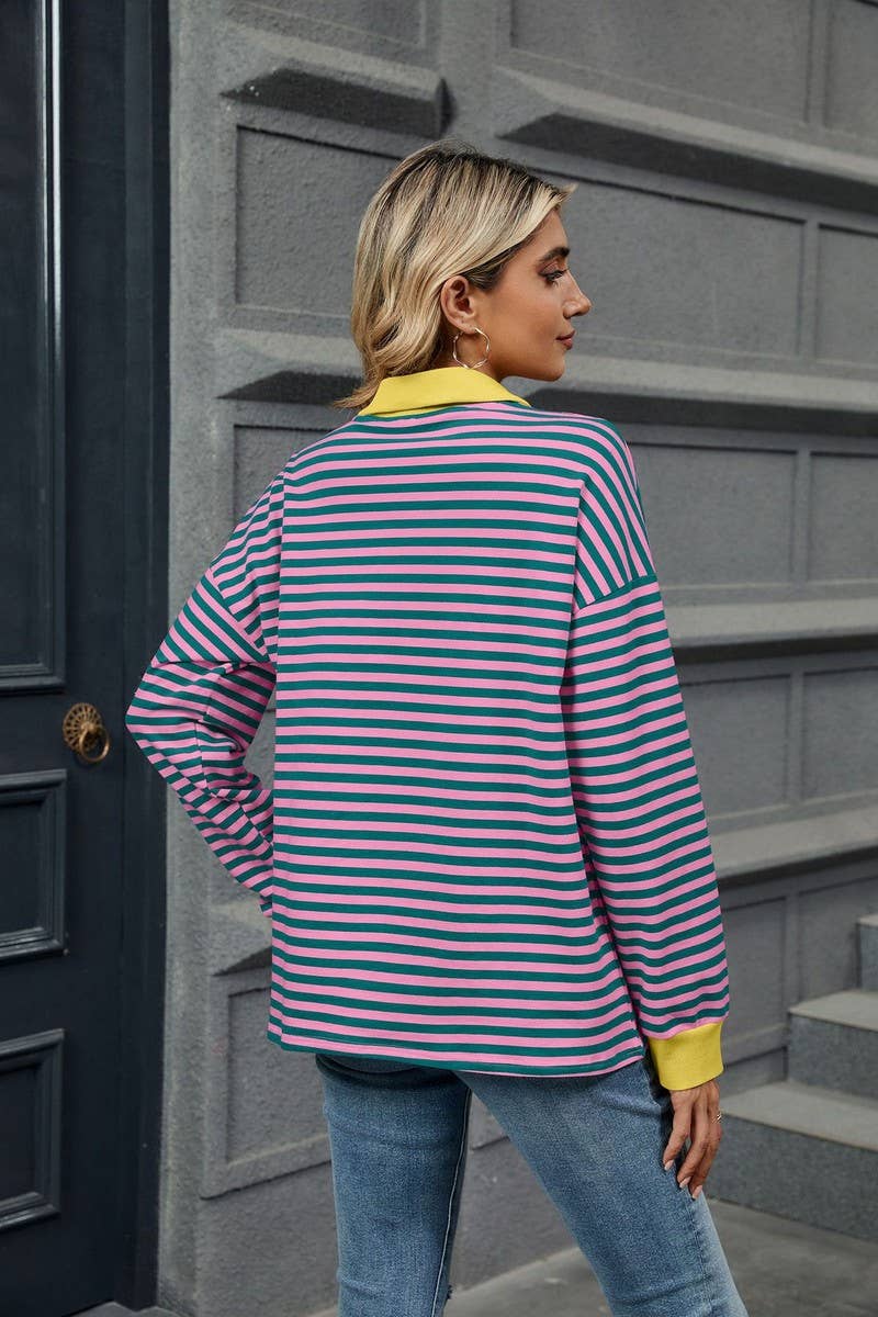 CWTBLL2361_CONTRAST COLOR LAPEL LOOSE STRIPED SWEATSHIRT