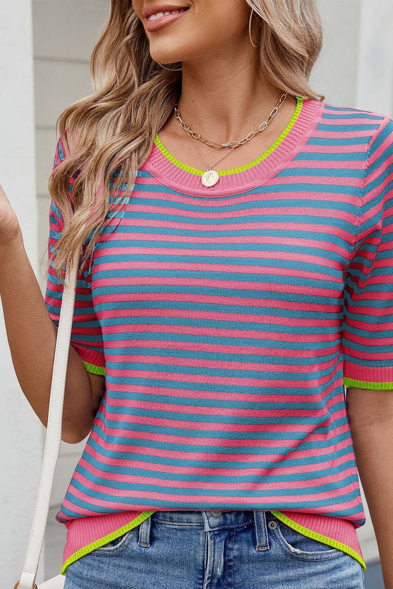 CWTBLS02495_STRIPED KNITTED ICE SILK SHORT-SLEEVED TOP