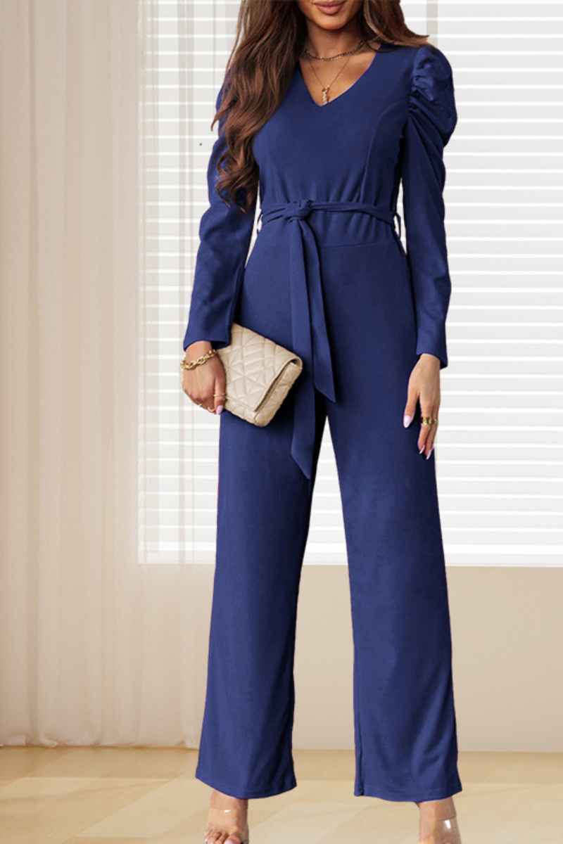 CWSJS1098_V-NECK LONG SLEEVED WAIST ONE-PIECE PANTS