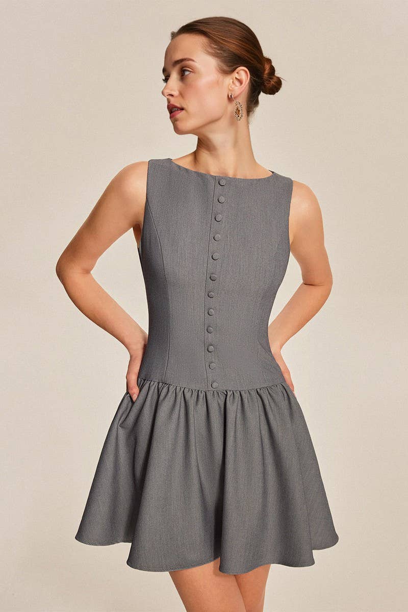 CWDSD8905_SLEEVELESS BUTTON A-LINE RUFFLE MINI DRESS