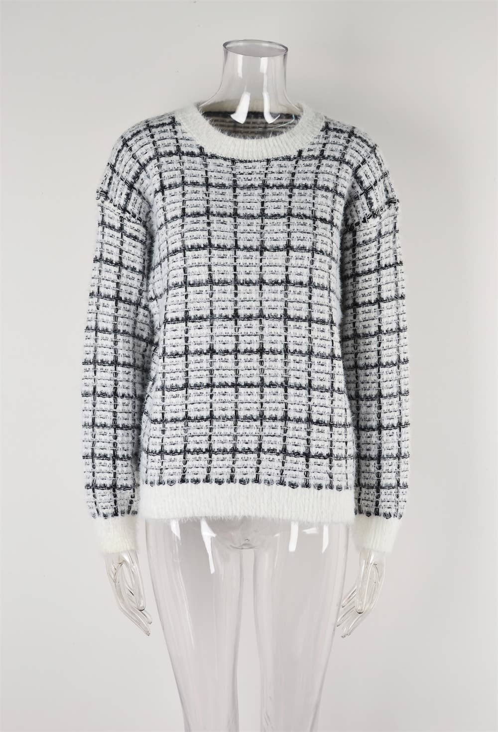 CREW-NECK KNIT FLUFFY PATCHWORK FASHION SWEATER