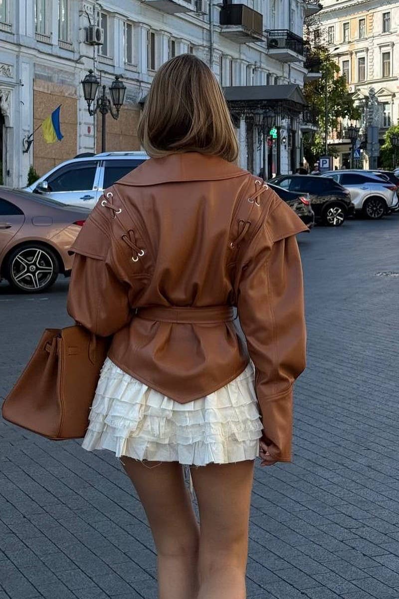 CWOCO1063_VINTAGE CASUAL LACE-UP FAUX LEATHER JACKET