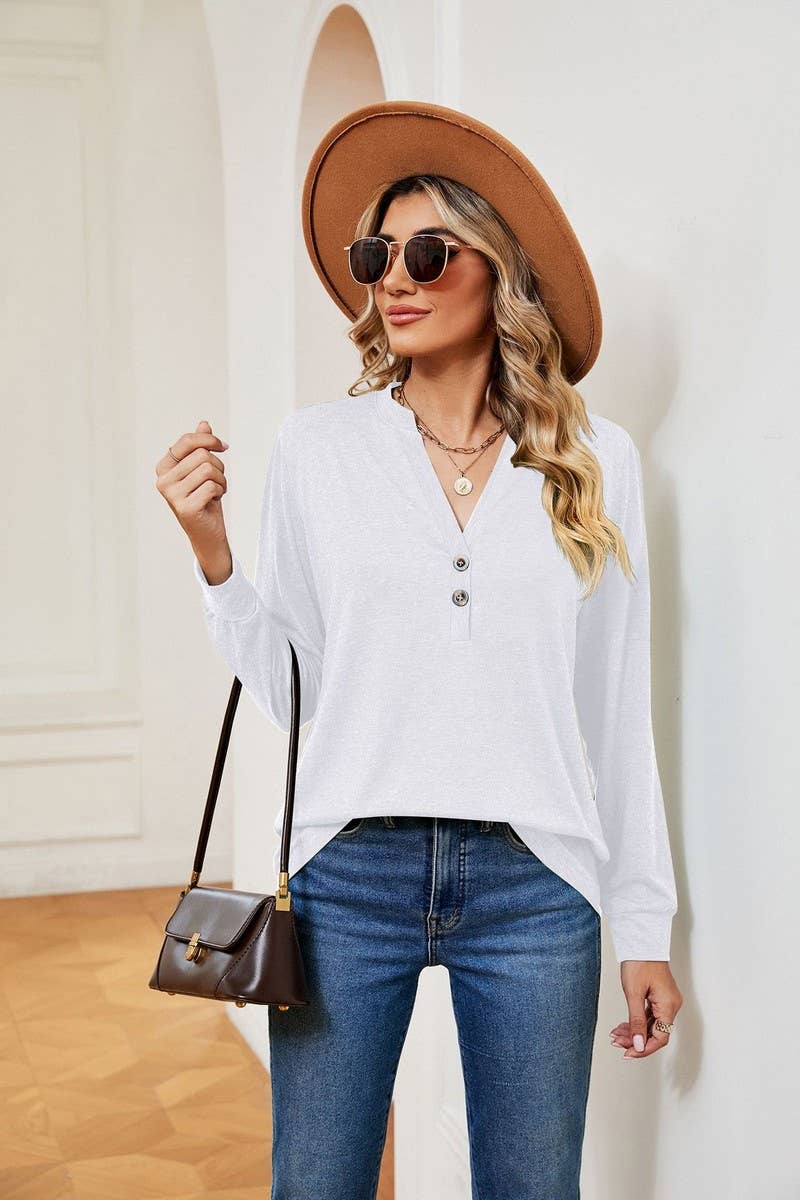 CWTBLL2371_V-NECK BUTTON LONG SLEEVE LOOSE PULLOVER TOP