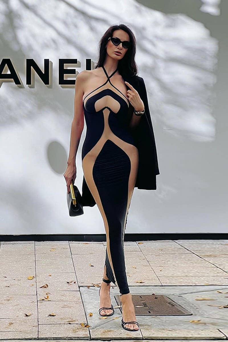 CWDHL0637_HALTER NECK CAMISOLE SLIM CUTOUT DRESS