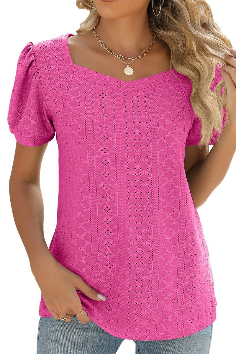 CWTBLS0877_SQUARE COLLAR SOLID COLOR SHORT-SLEEVED TOP