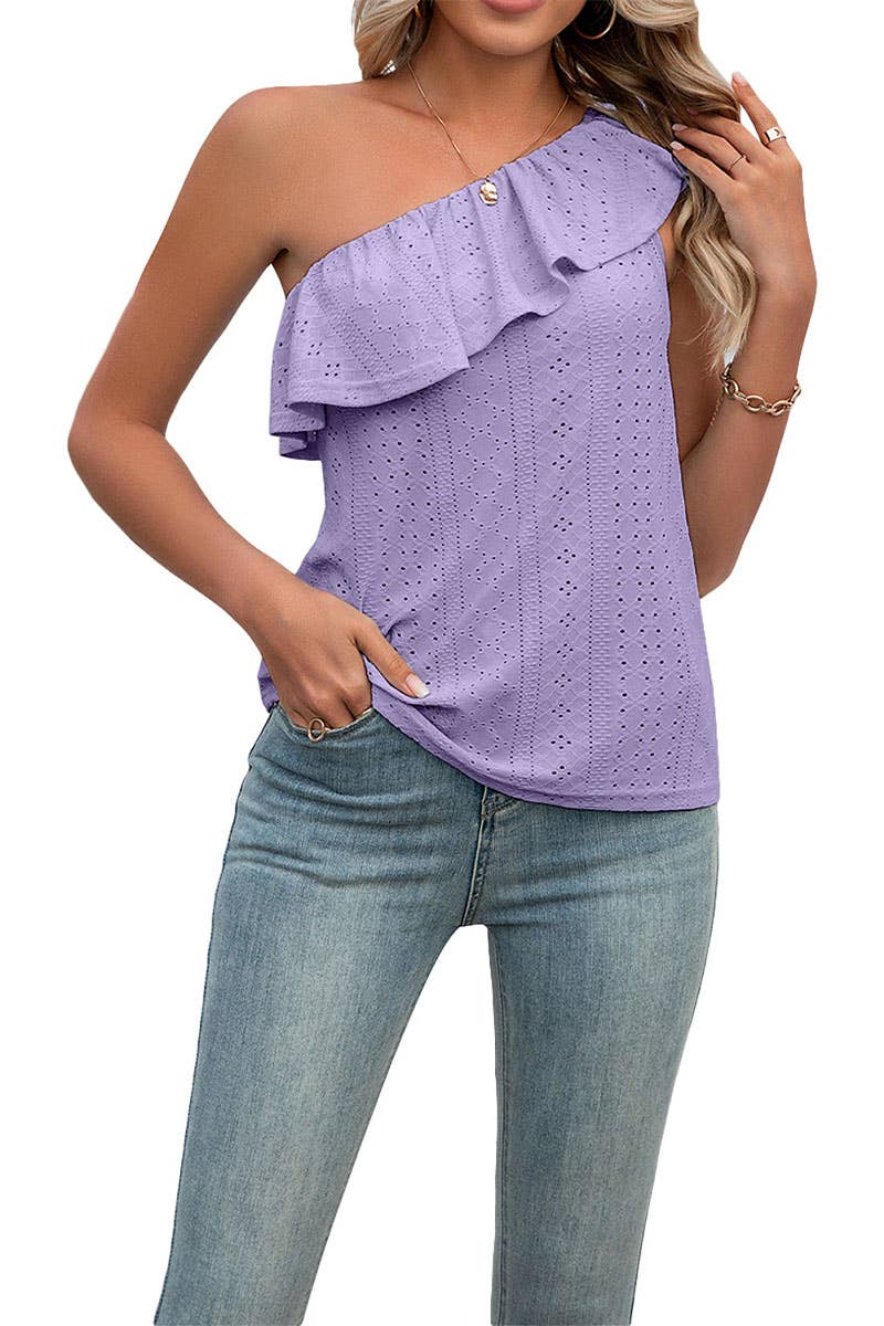CWTBLSL0103_One Shoulder Ruffle Detailed Sleeveless Top