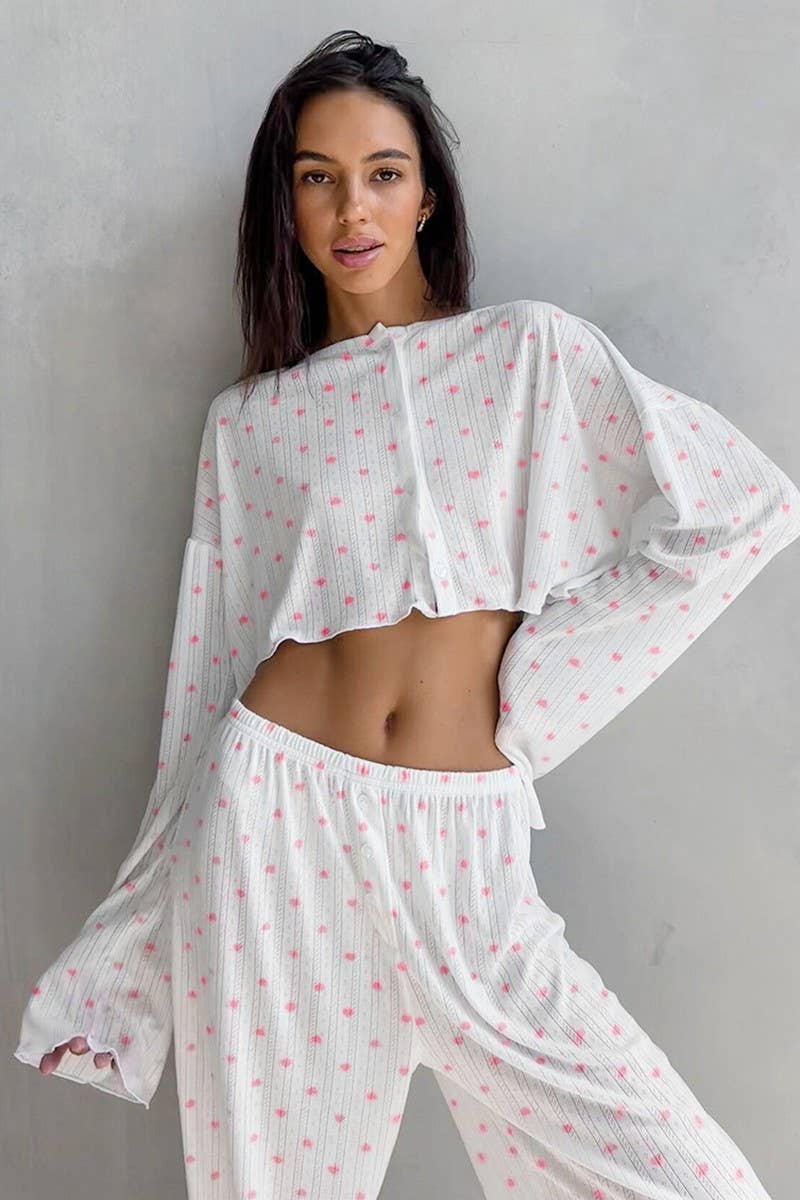 CWSPJ0220_KNITTED HEART PRINT PAJAMAS TWO-PIECE SET