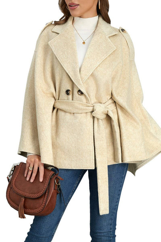 CWOCO0941_SOLID COLOR BELTED LAPEL CAPE TWEED COAT