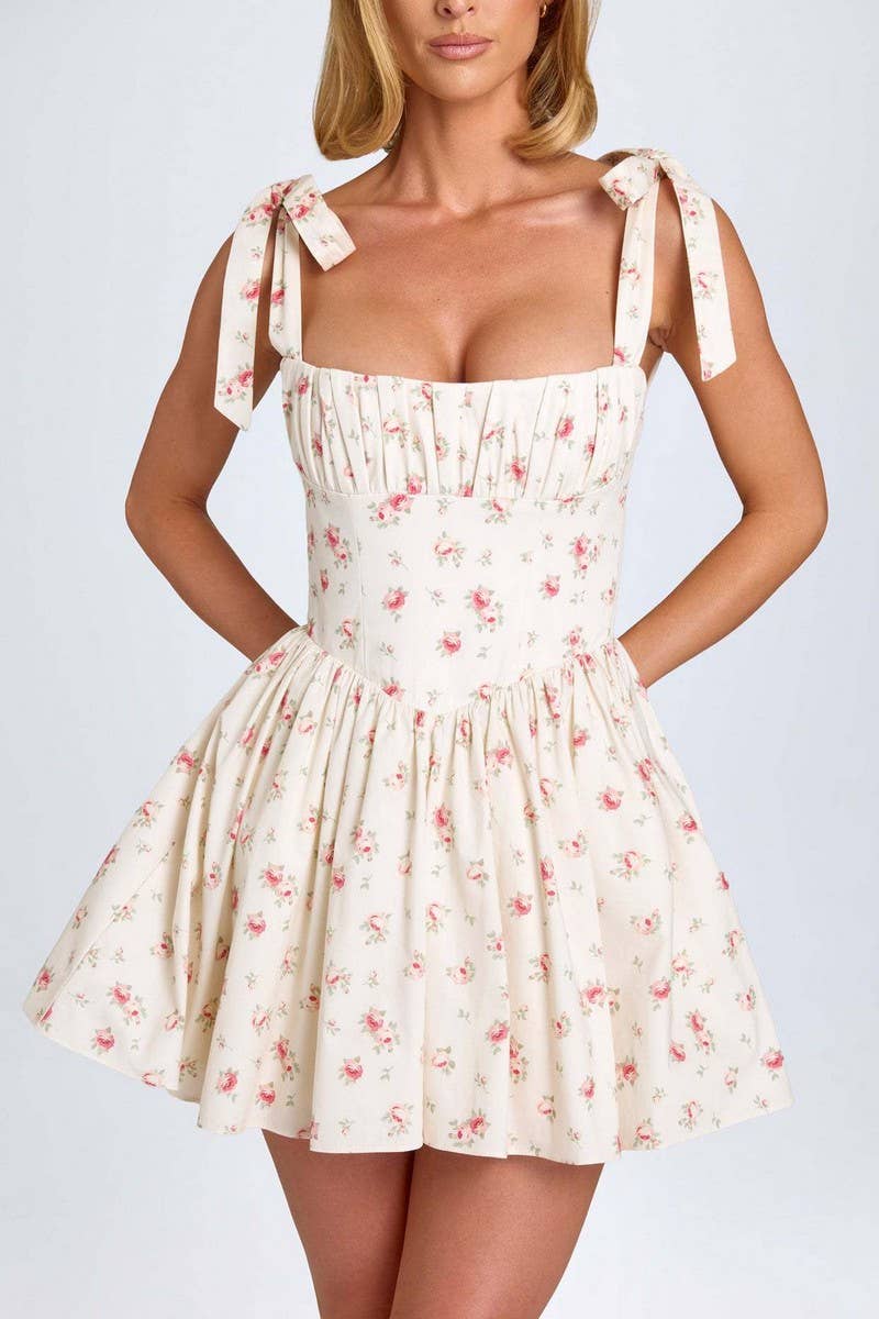CWDSD8121_SQUARE NECK HIGH WAIST PLEATED BOW SLIP DRESS
