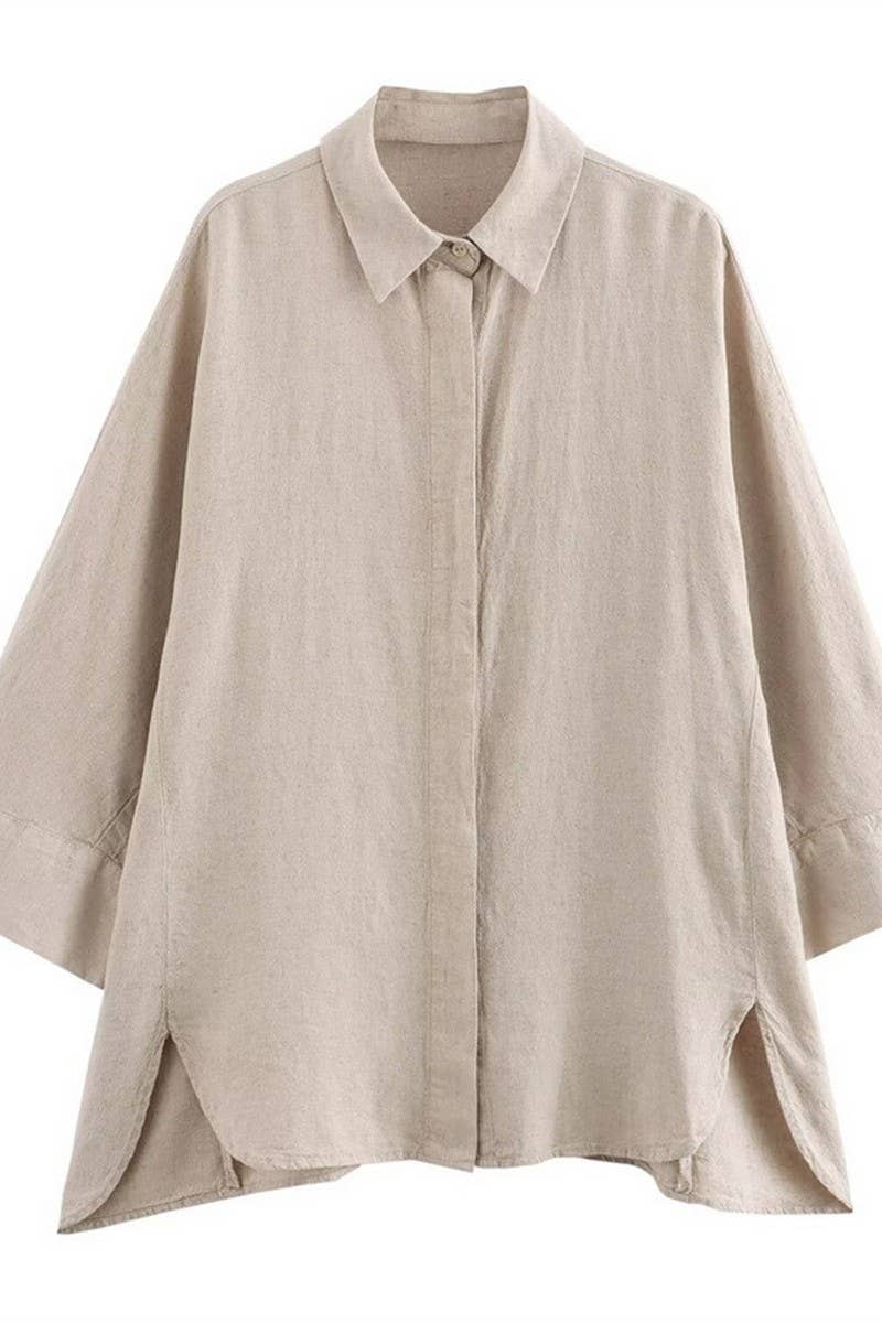 CWSTB1430_LOOSE LINEN SHIRT ELASTIC STRAIGHT TROUSERS SET