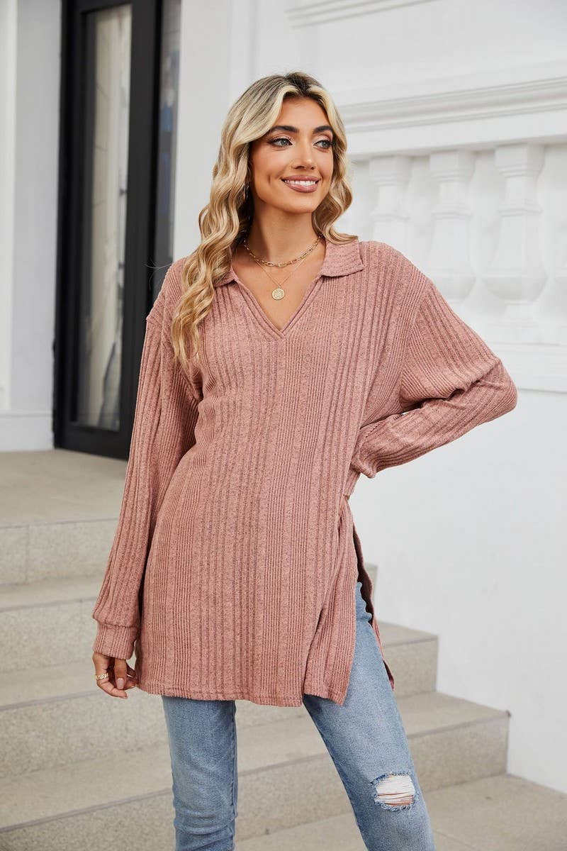 CWTBLL3668_FLIP COLLAR SLIT LONG SLEEVED LOOSE T-SHIRT TOP