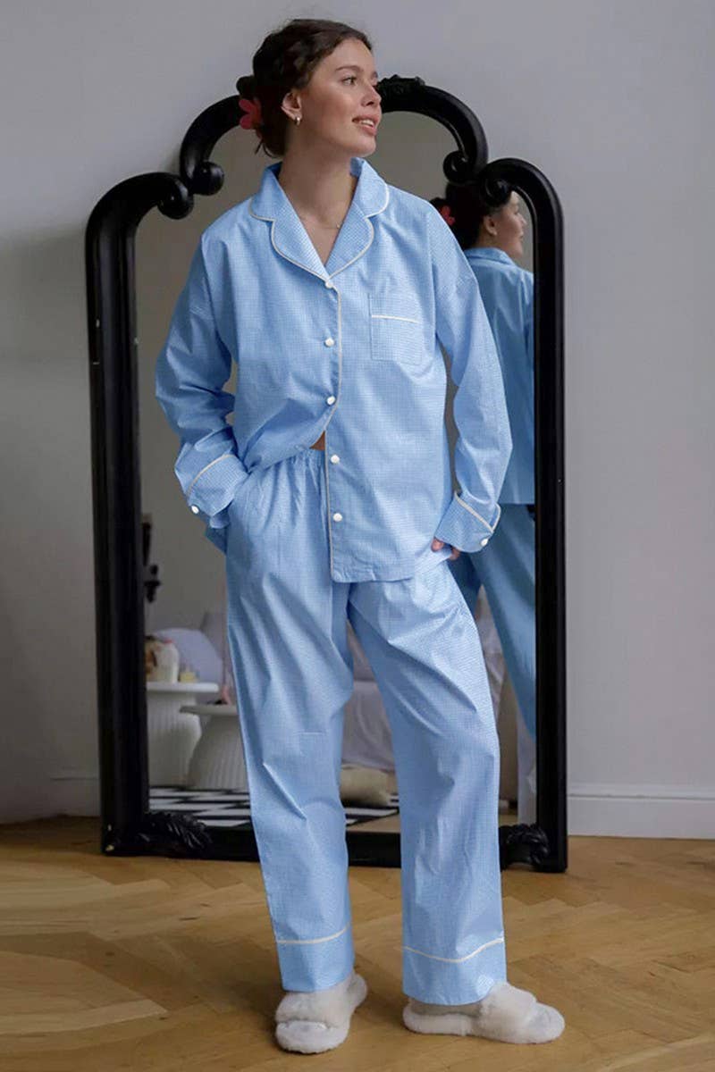 CWSPJ0223_PINK PLAID HOME WEAR PAJAMAS TWO PIECE SET