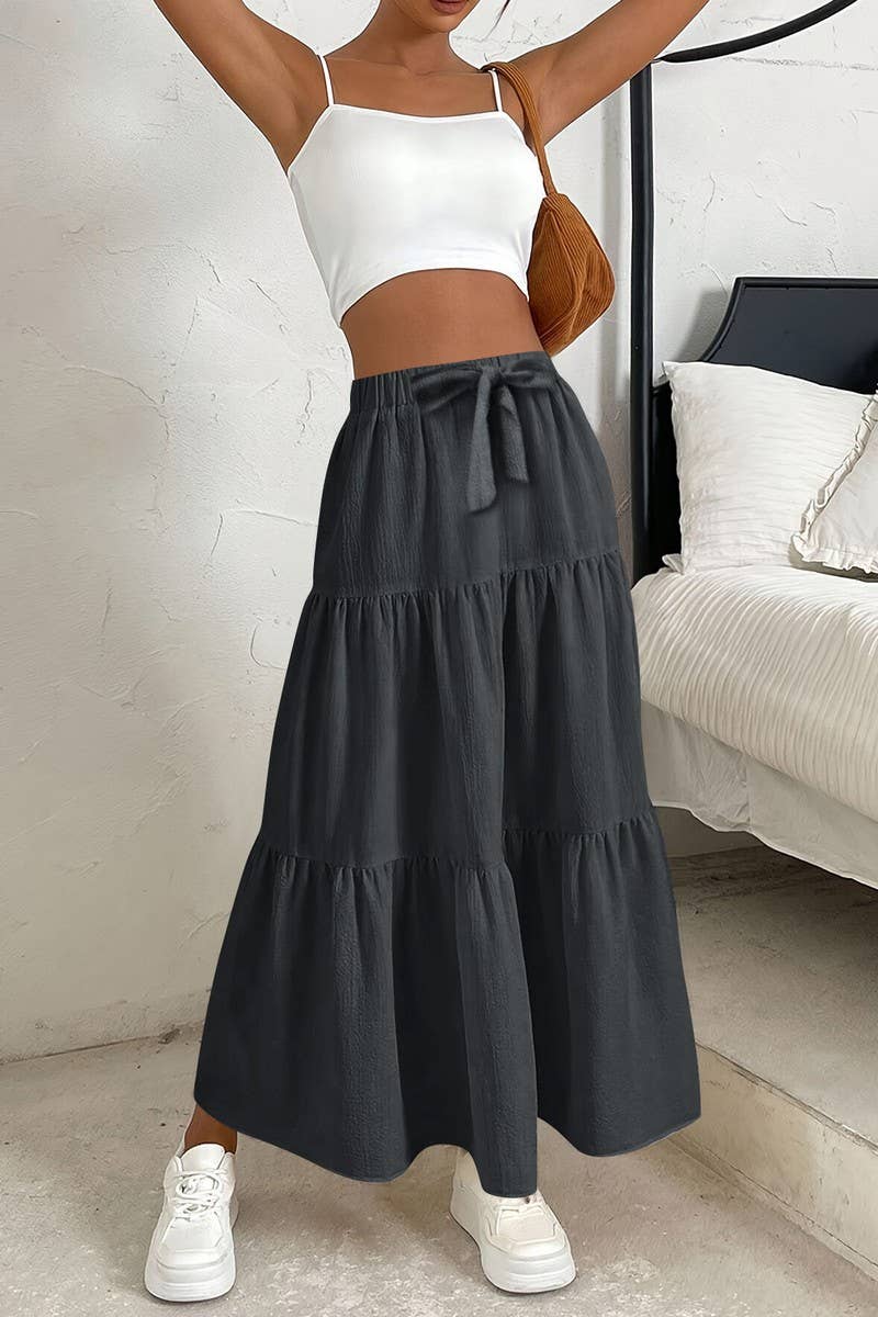 CWBLS0559_BOW WAIST TIERED SOLID MIDI SKIRT