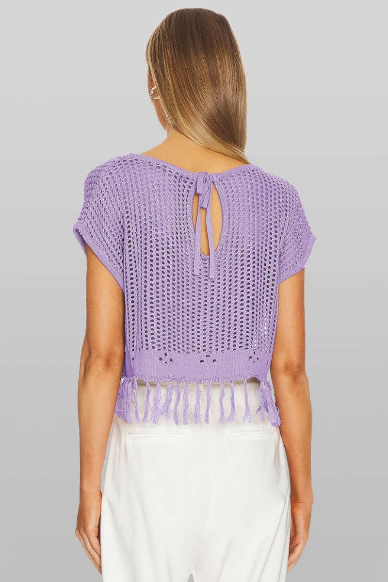 CWTBLS0743_KNITTED CREW NECK SHORT SLEEVE BEACH FRINGE TOP