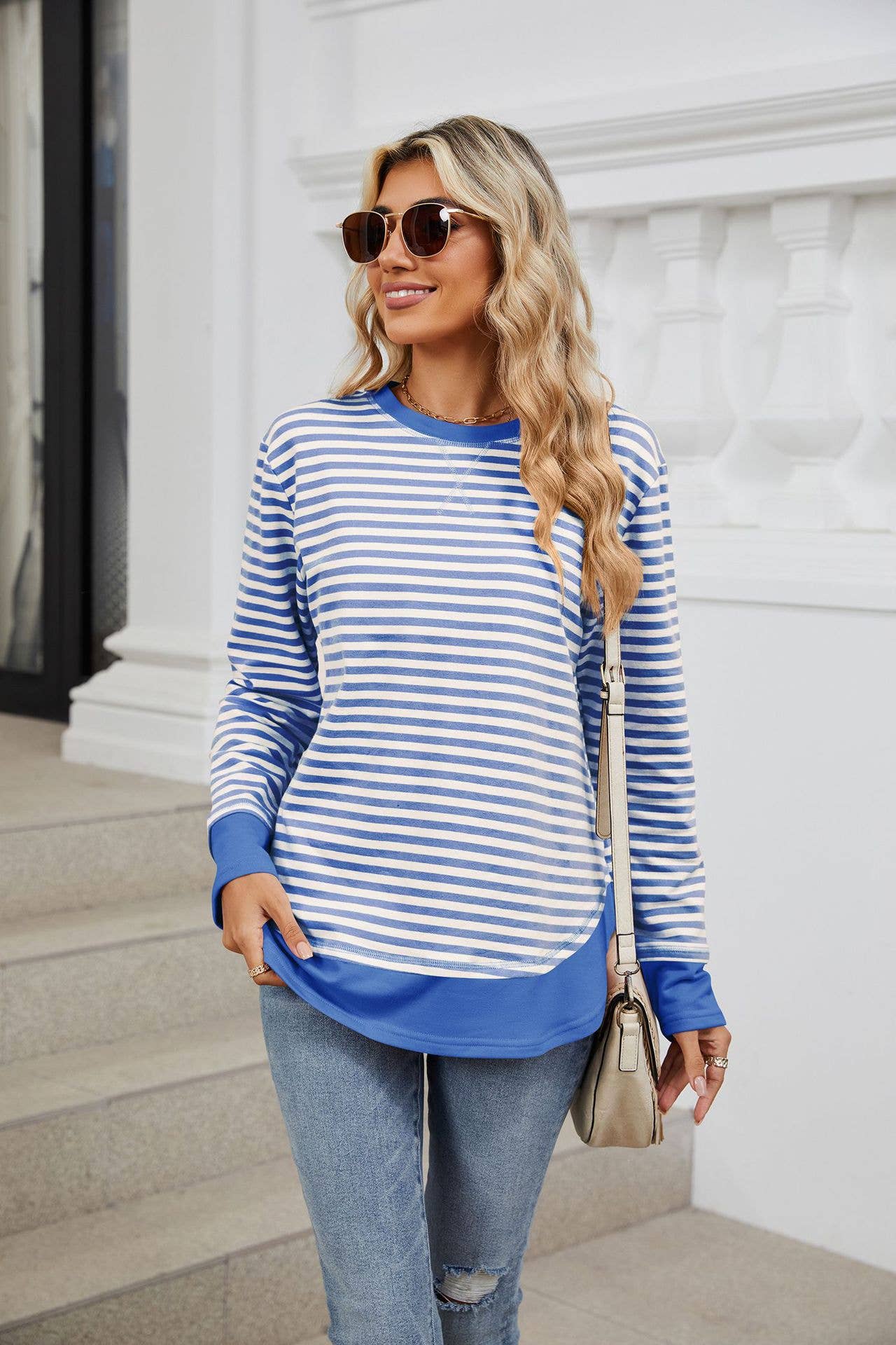 Crew-neck striped long-sleeved hoodie