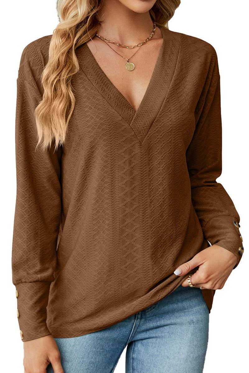 CWTTL1591_V-neck Pullover Long Sleeve Top