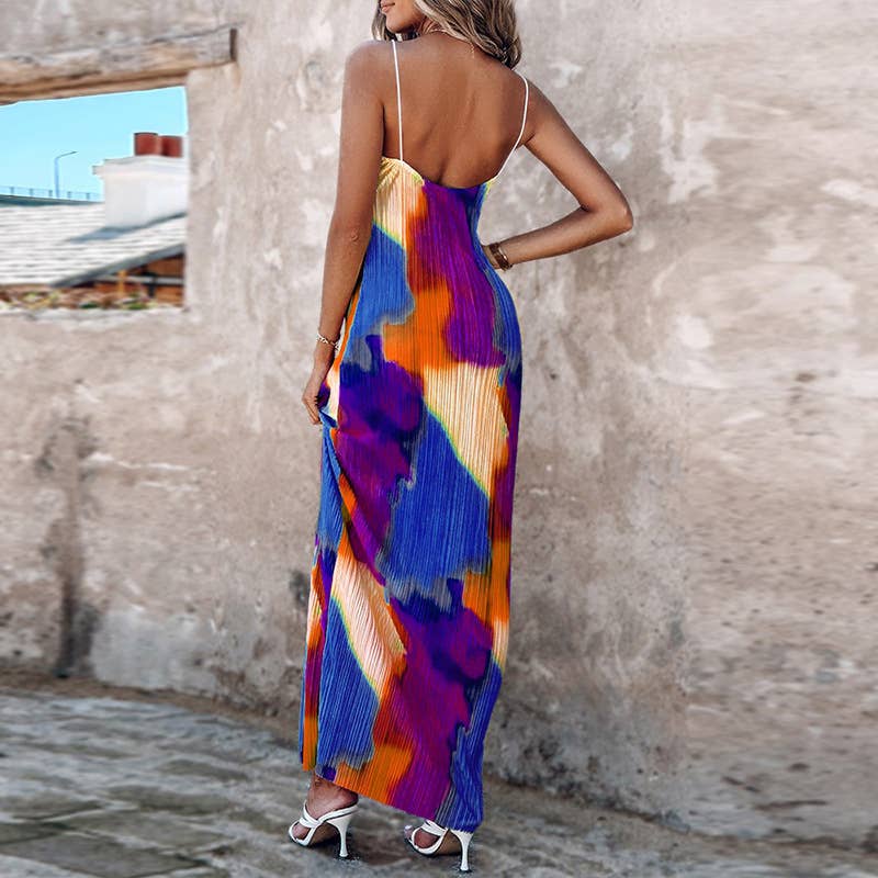 Color-matching tie-dye printed pleated strap dress