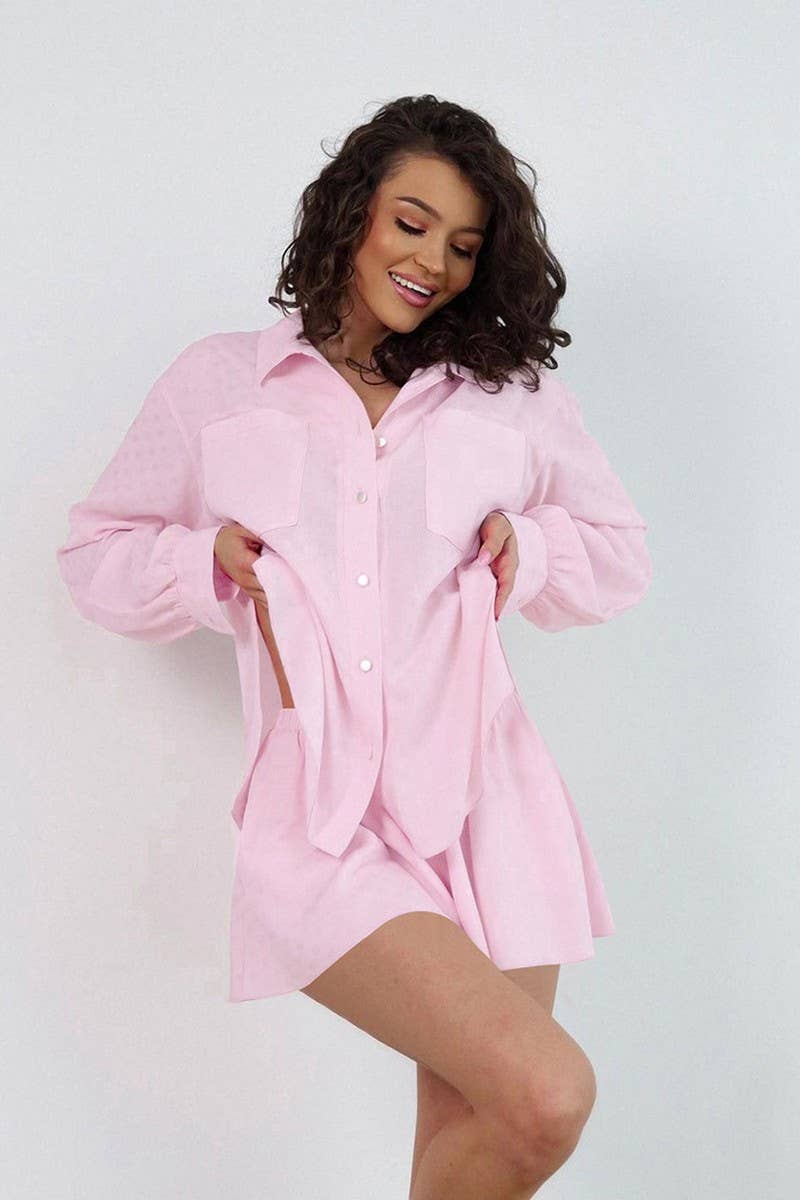 CWSPJ0252_PINK LONG-SLEEVED SHORTS PAJAMAS TWO-PIECE SET