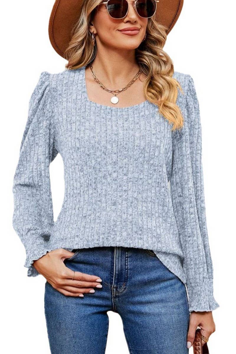CWTBLL2404_SQUARE NECK LONG SLEEVE RIBBED RUFFLE SLEEVE TOP