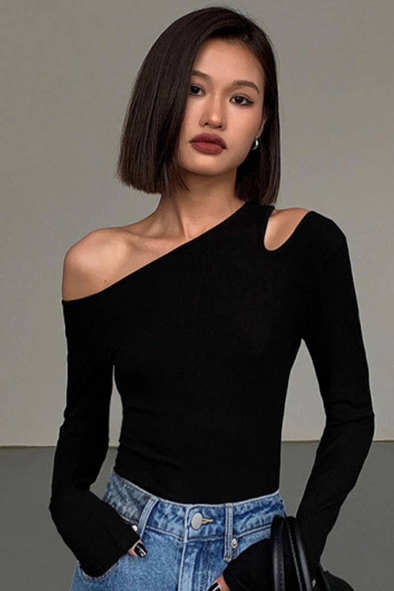CWTBLL00709_OFF SHOULDER FITTED LONG SLEEVE TEE TOP