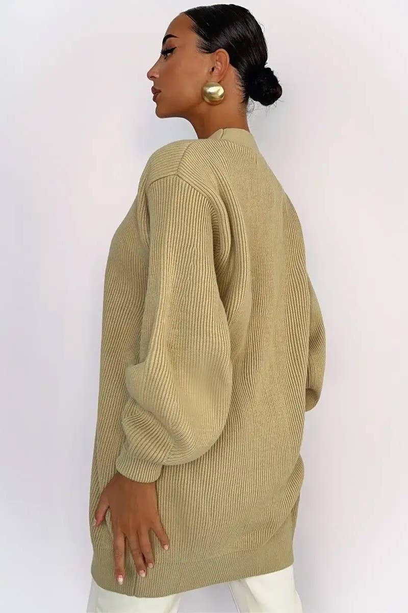CWOCAL1481_V-NECK SOLID COLOR LENGTH KNITTED SWEATER COATS
