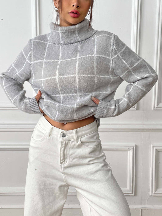 Contrasting plaid turtleneck tops