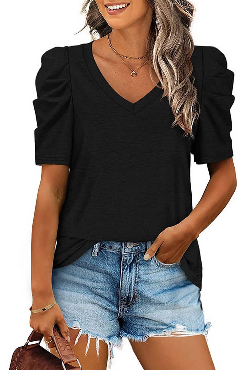 CWTTS00710_SUMMER V-NECK CASUAL SOLID COLOR TOP