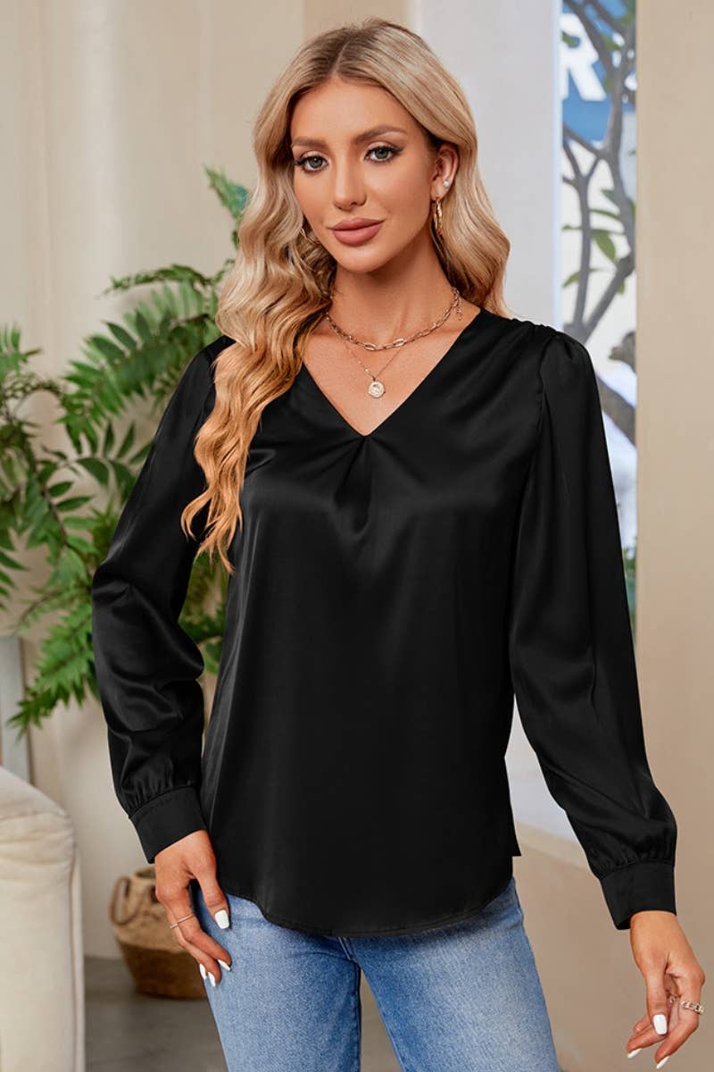 CWTBLL2445_SATIN V-NECK PLEATED LONG-SLEEVED SHIRT TOP