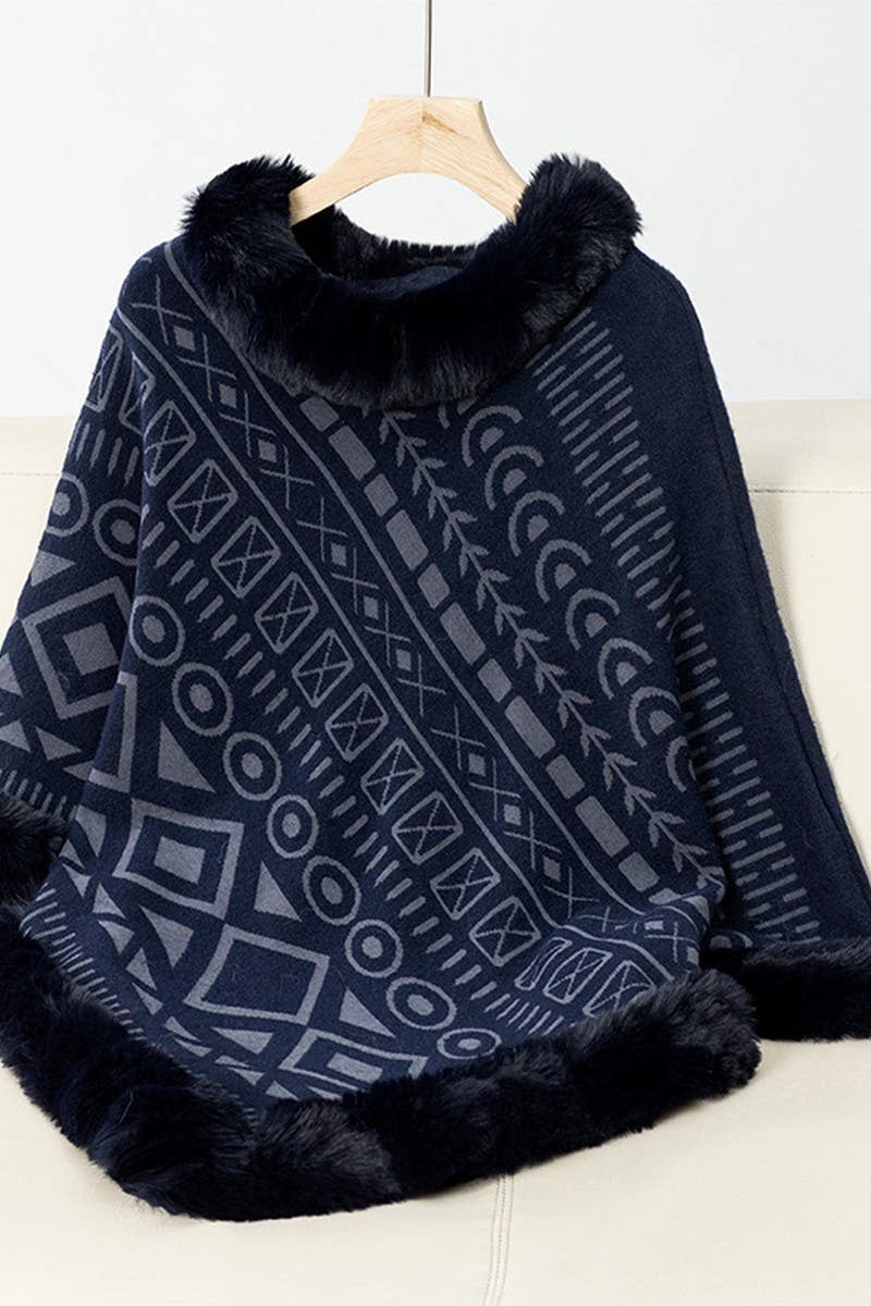 CWOSWS0094_FUR COLLAR GEOMETRIC PATTERN SWEATER SHAWL
