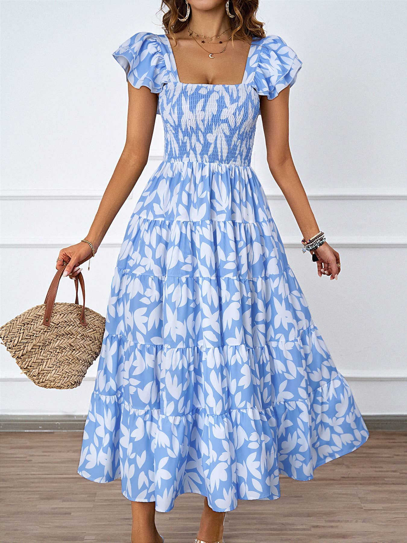 CASUAL SQUARE COLLAR PRINT PLEATED DRESS
