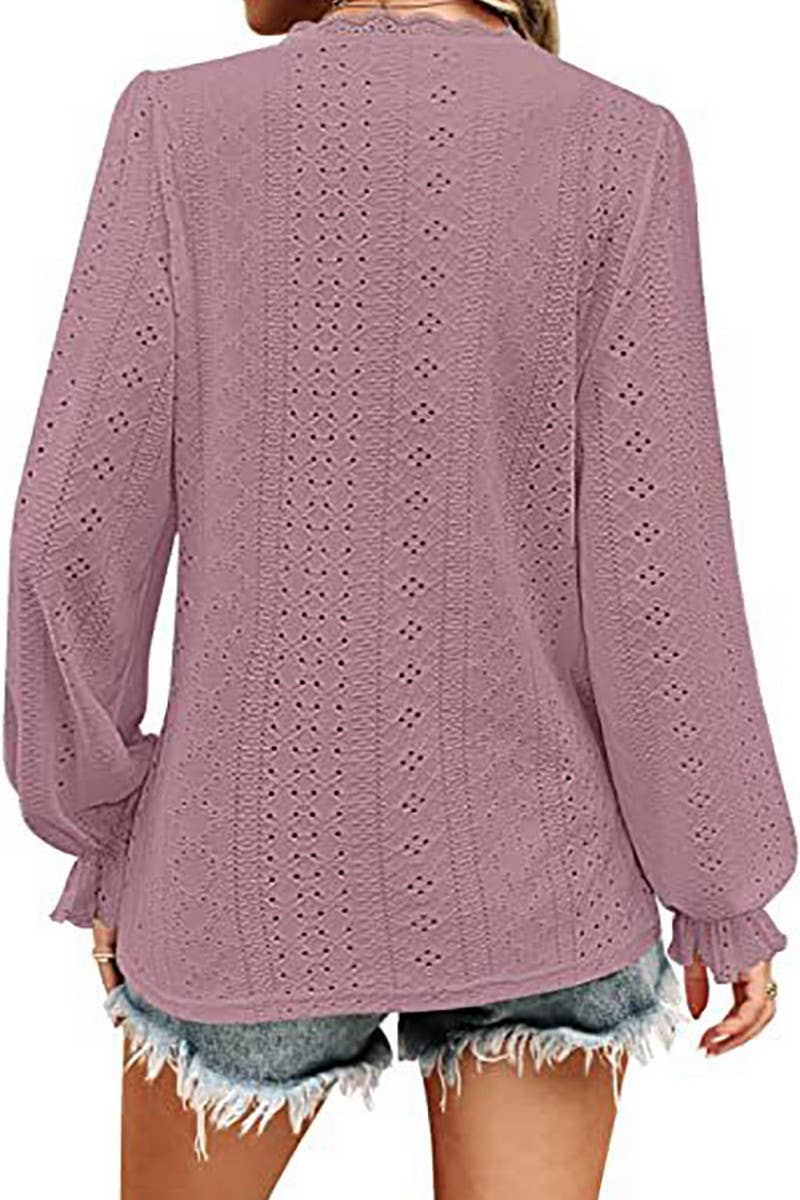 CWTBLL1046_V-NECK SOLID COLOR HOLLOW CASUAL LONG-SLEEVED TOP