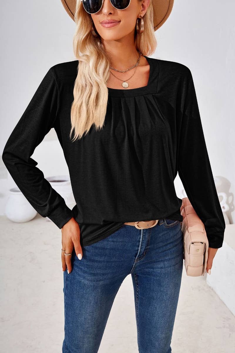 CWTBLL2796_FALL SQUARE NECK PLEATED LONG SLEEVE TOP